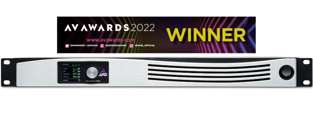 CloudPower CP704 4 channel installation amplifier with AV Awards Winner banner