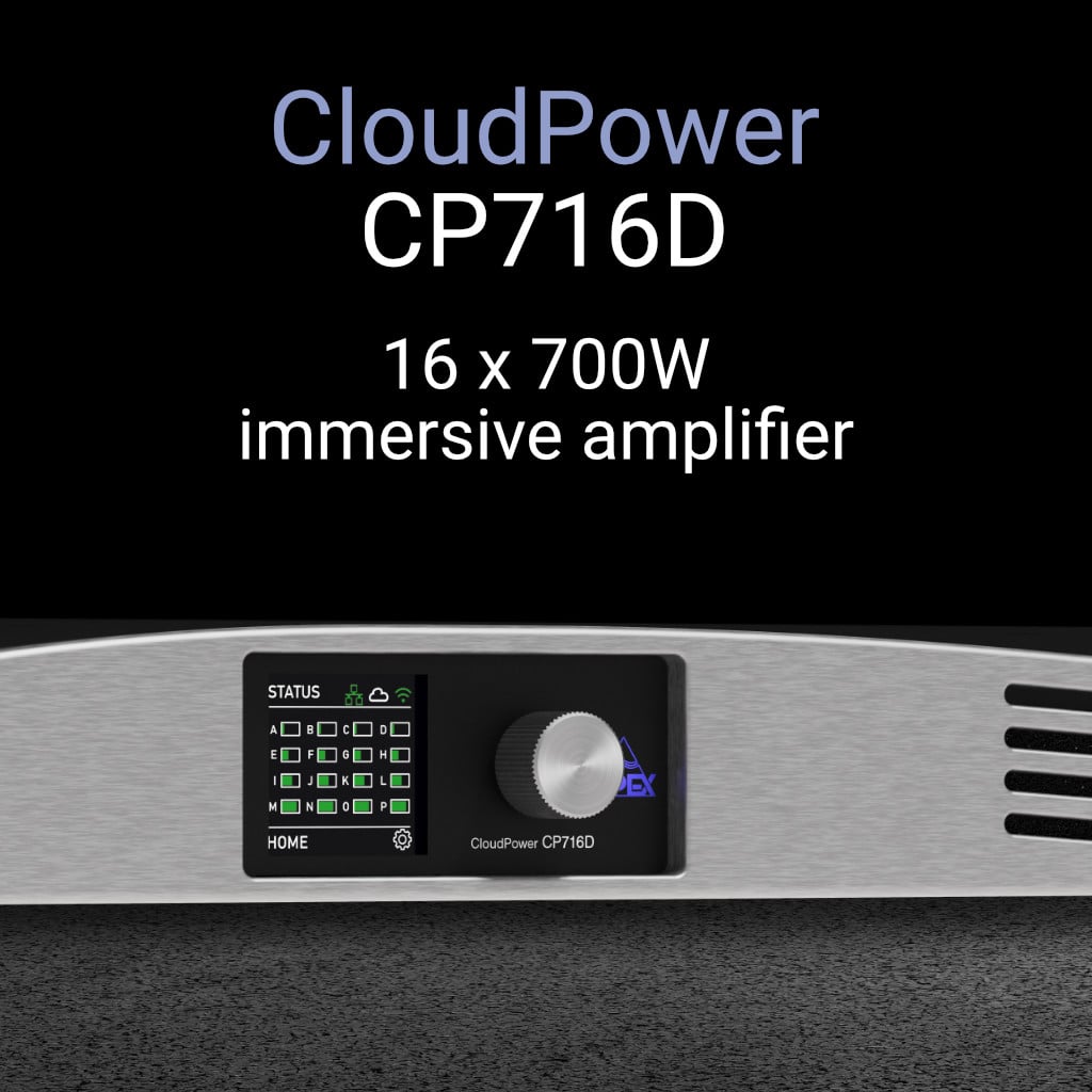 APEX CloudPower CP716D sixteen channel immersive Dante amplifier 16 x 700W