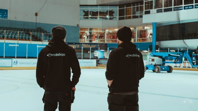 NoiseBoys Technologies crew at Spectrum Ice Rink where APEX CloudPower amplifiers were installed